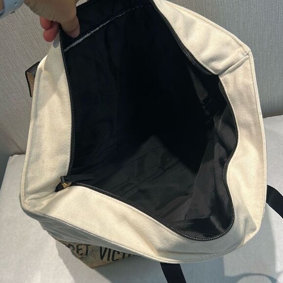 Victoria's Secret VS Canvas Tote Bag Metallic Glitter Gold Spellout Zip Top - Picture 4 of 7